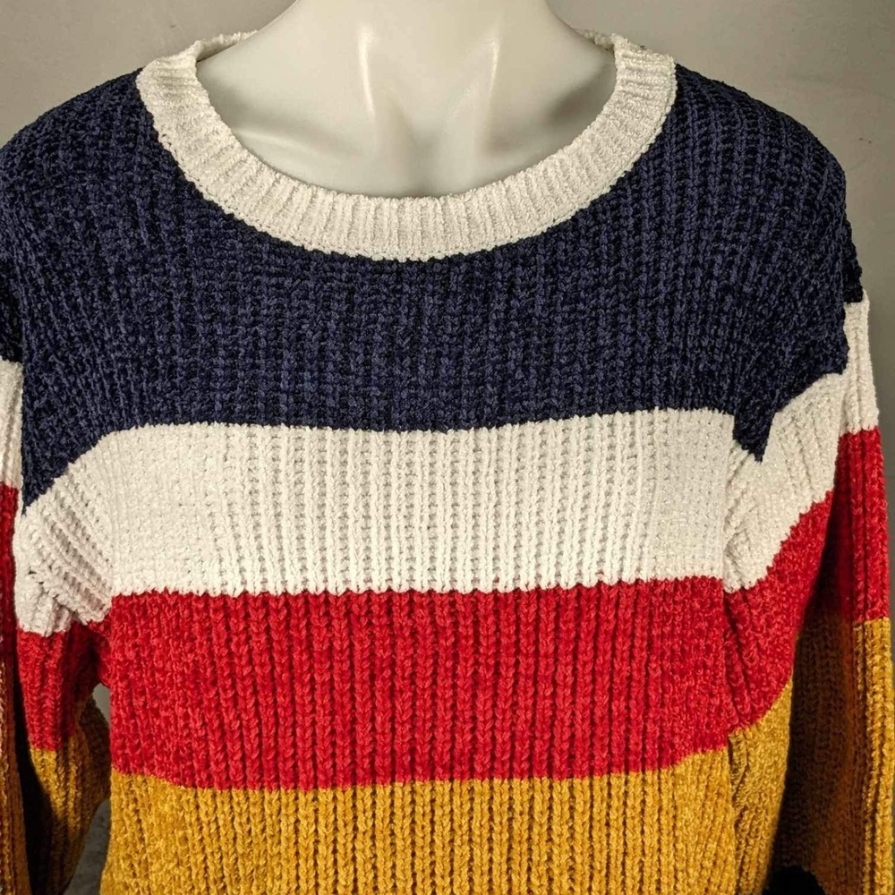 NWT Evelyn Taylor | Mustard & Navy Stripe Chenille Sweater - M - Picture 8 of 9